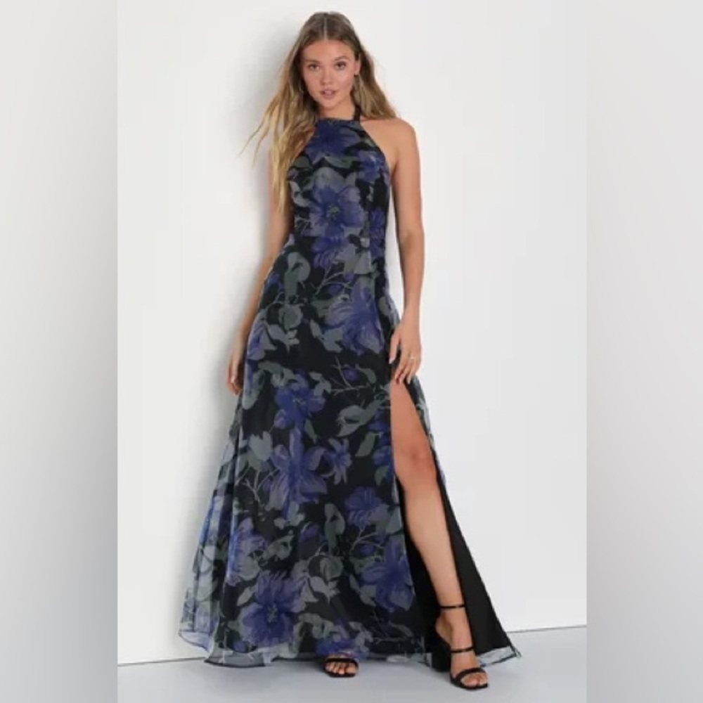 Lulus Effortless Drama Black Floral Organza Halter Cutout Maxi Dress